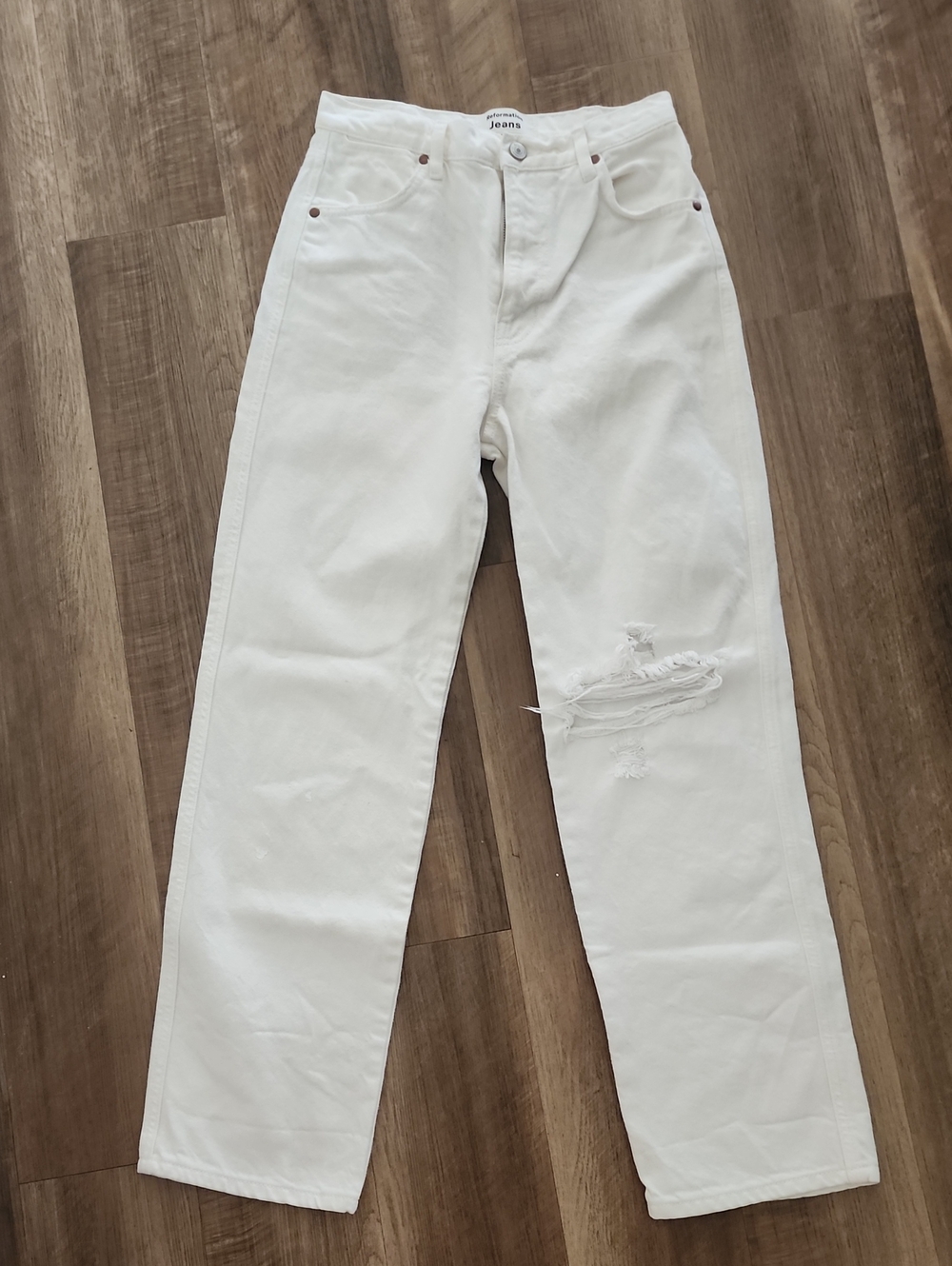 Reformation Cowboy High Rise White Distressed Straight Leg Jeans